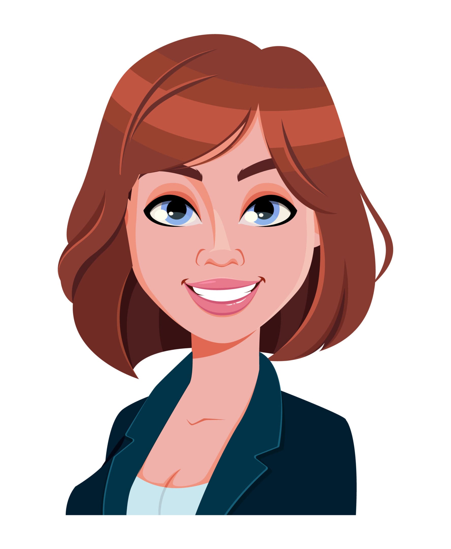 Face expression of beautiful woman, cheerful. Female emotion. Cute businesswoman cartoon character. Vector illustration